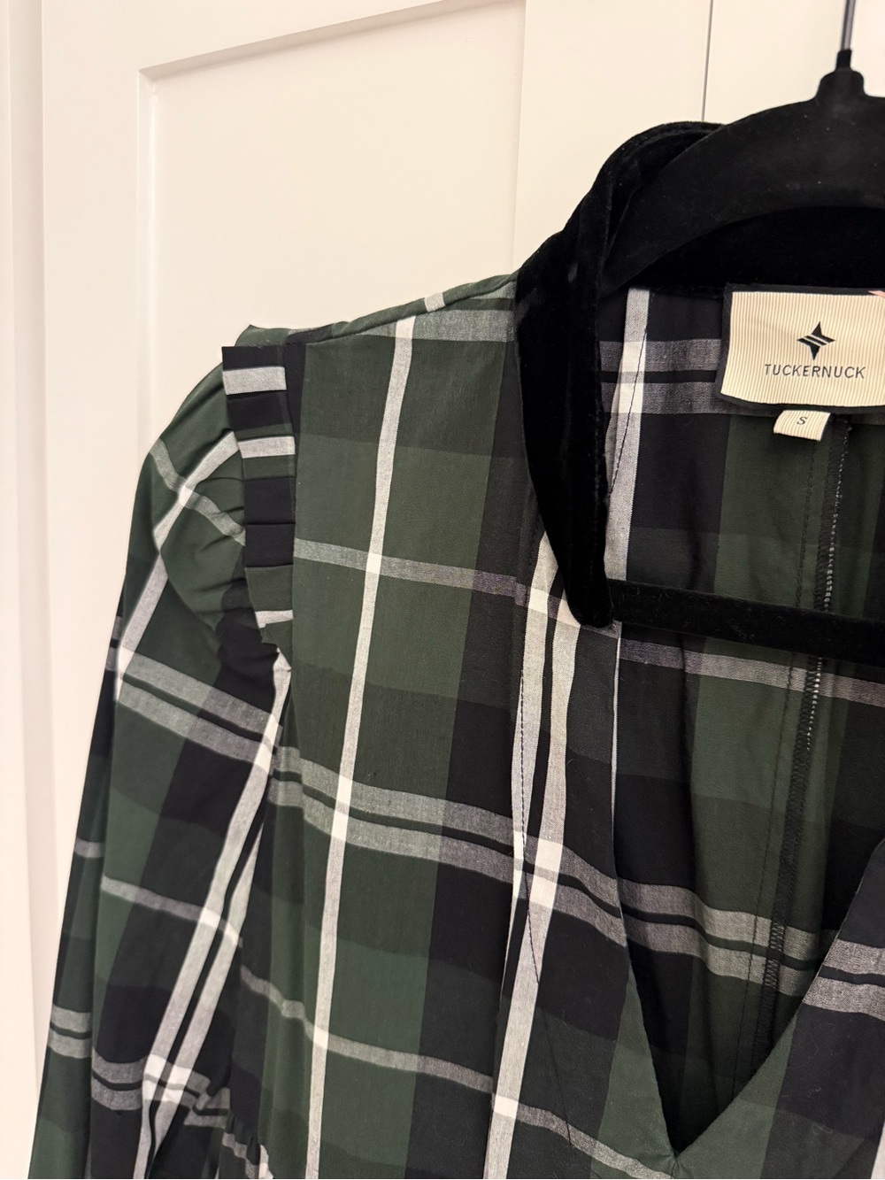 Tuckernuck Dark Green Plaid Midi Dress with Velvet Trim- size small - Picture 2 of 4